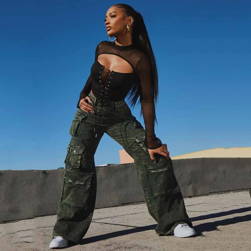 Women Streetwear Pockets Wide Leg Cargo Pants High Waist Versatile Straight Denim Trousers Custom Vintage Baggy Jeans