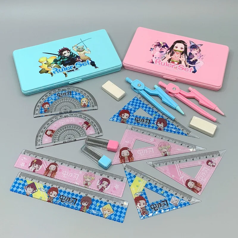 
Cartoon Student Drawing Stationery Set Box Compasses Ruler Eraser Portable 7-piece Set Factory Direct Sales 