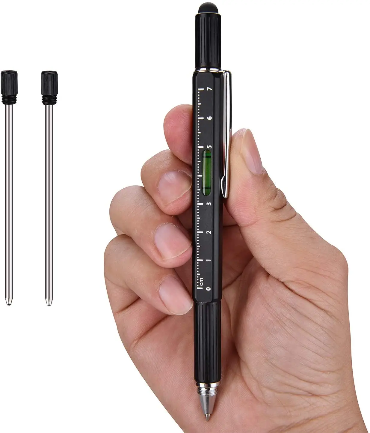 6 in 1 Screwdriver Tool Pen - Mini Multifunction Pen with Stylus, Flat and Phillips Screwdriver Bit, Bubble Level and inch cm Ru