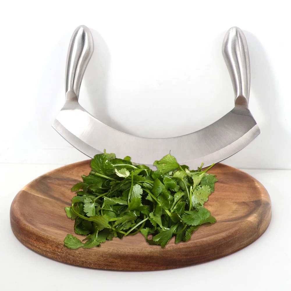 Mezzaluna Vegetable Knife Cutting Board Mincing Knife Acacia Wooden Curved Board Cleaver Herb Board Salad Chopper