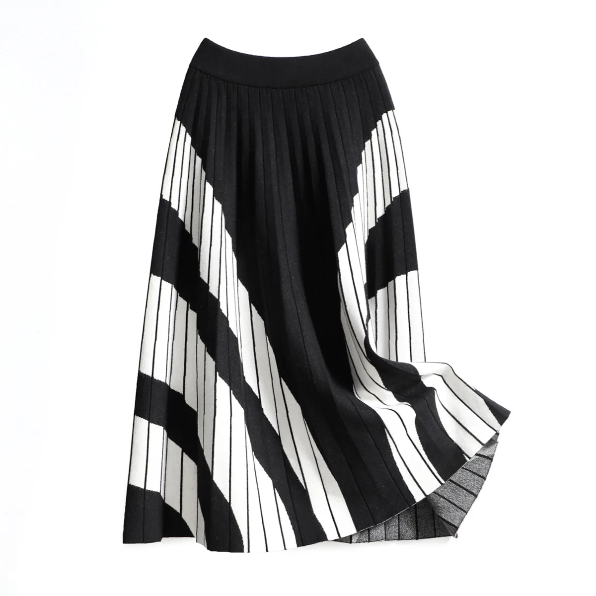 Women Fashion Color Blocking A Line Midi Long Skirt Stretch Waist Pleated Autumn Winter Knitted Pleated Skirt