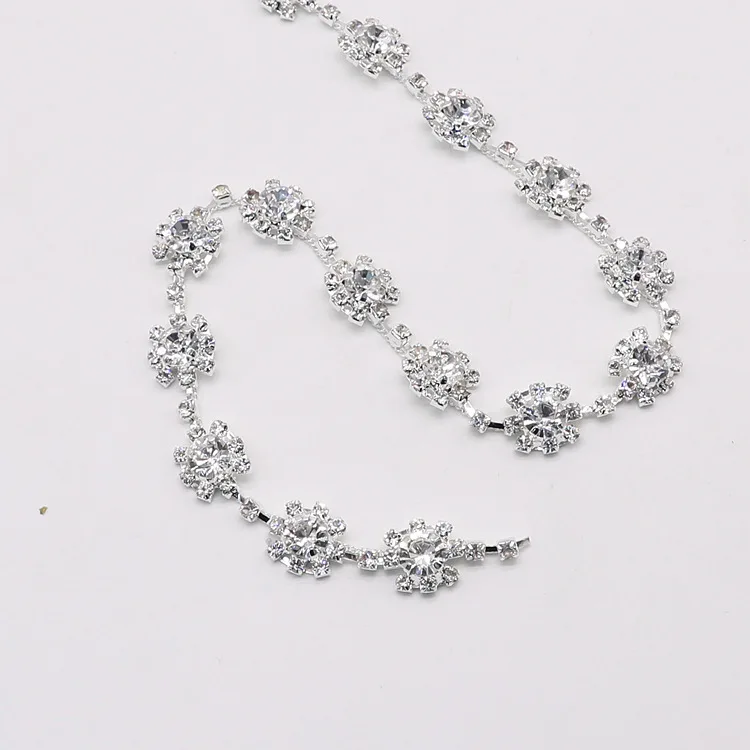JFRC026 Flower Rhinestone Chain Trim Wholesale Clear Crystal Rhinestone Custom Chain Applique