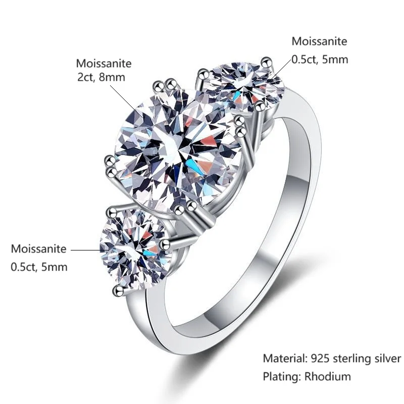 wholesale 3 stones grade D moissanite ring 925 sterling silver 3ct moissanite ring for women