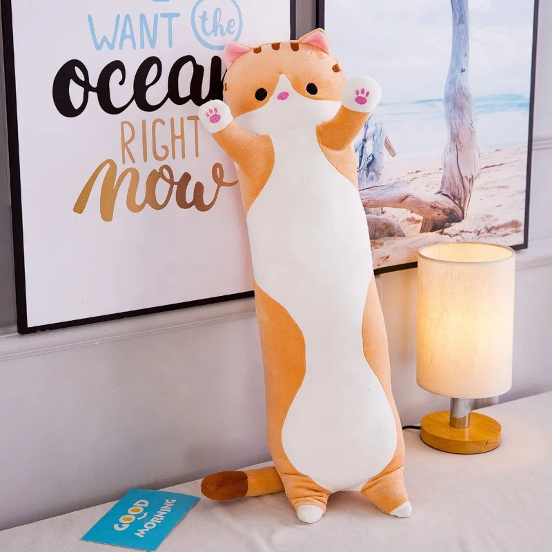 high quality big size stuffed animal cat pillow toys cute cat long plush silk sleeping cushion pillow
