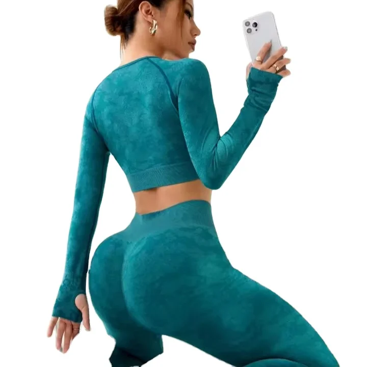 Classic Camouflage Seamless Long-sleeved Trousers 2-piece Set Fitness Women Sportswear Yoga Hip Lift Gym Leggings