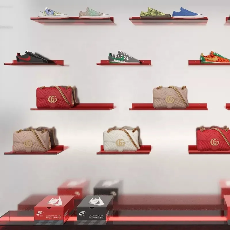 Custom Shop Design Shoe Display  Wall mounted Display Bag Retail Store Display Racks Counters for cosmetics acrylic cylinder