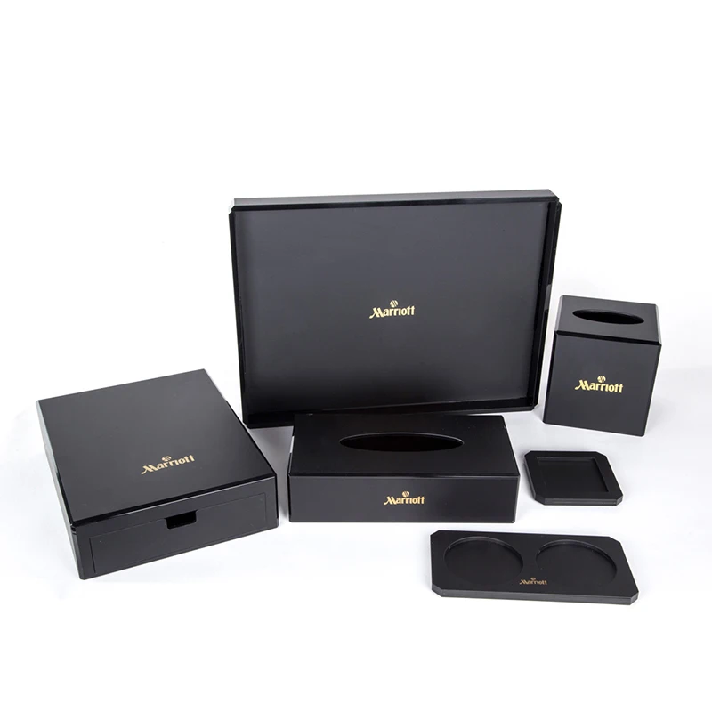 2021 new design Modern 6 piece Luxury acrylic pmma black house home bathroom accessories with golden logo