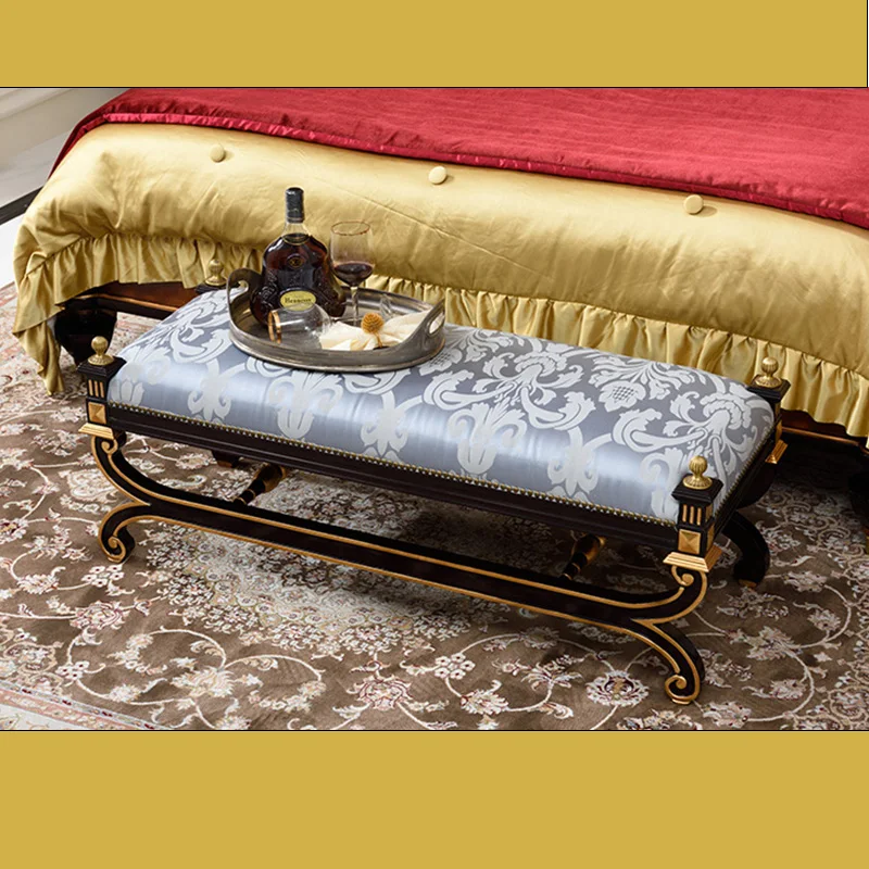 Baroque style silk Bed Side silk  Stools, antique Bed End Stool bottom cross bench