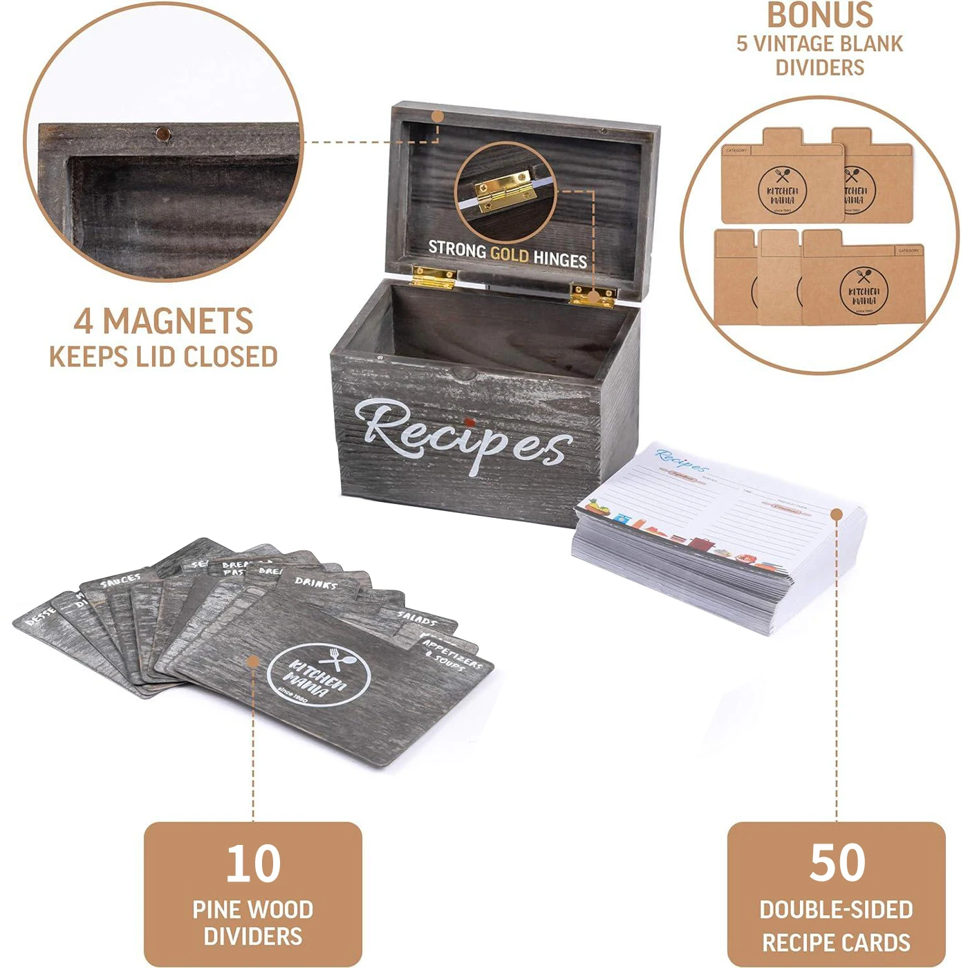 Wooden Vintage Recipe Box with Card Wooden Partition Vintage Style Set with 50 Recipe Cards as a Gift for Women