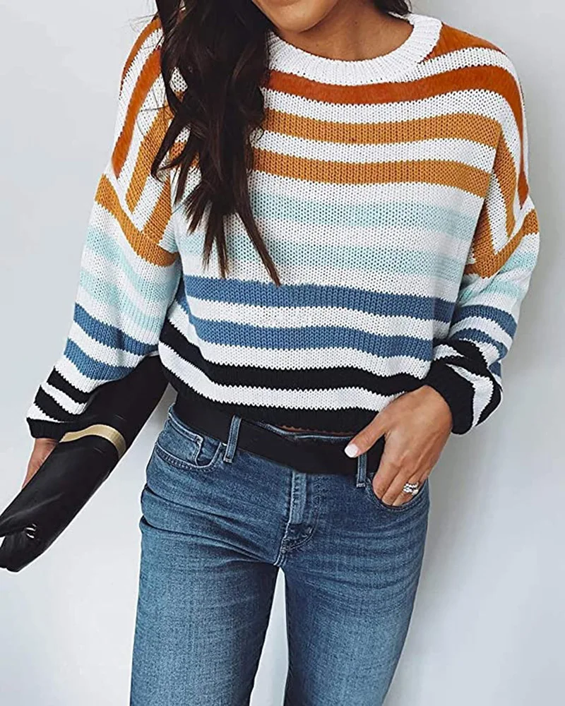 Cheap Price 2021 Fall  Women  Fashion Striped Matching Color Pullover Student Top  New Jersey   Wholesale China