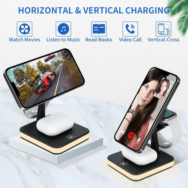 4 En 1 Chargeur Multifonction De Telephone Megsafe Wireless Charger Holder Stations For iPhone With Lighted Induction Charger