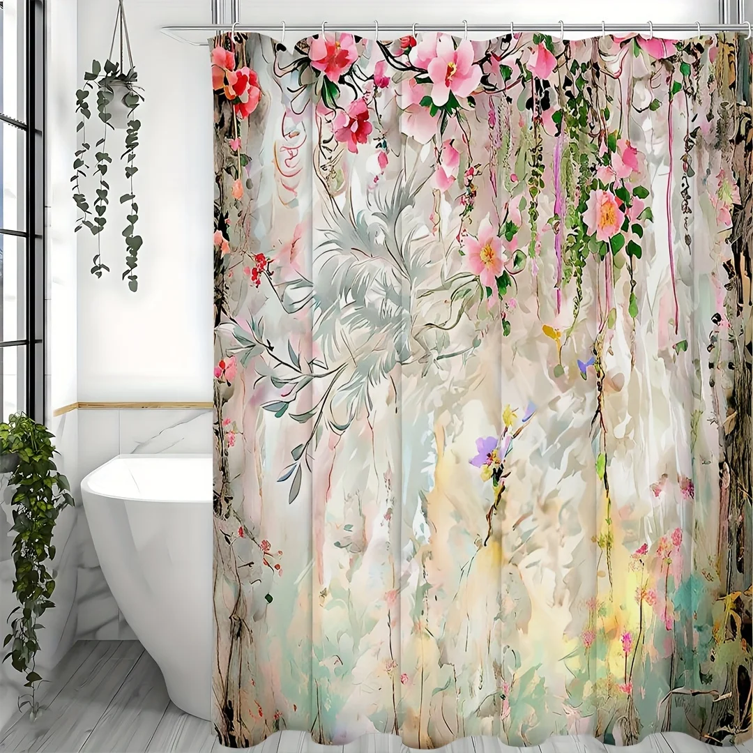 Bloom Your Bathroom: Vibrant, Mildew-Proof Floral Curtain With Easy Care & Waterproof Design