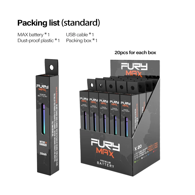 OEM Fury Max низкая цена вейп 350 мАч предварительный нагрев лучший аккумулятор CBD