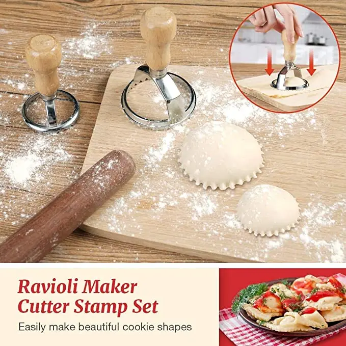 Wooden Handle Square Round Heart Star Dumplings Ravioli Stamps Mold With Steel Ravioli Maker Cutter Set
