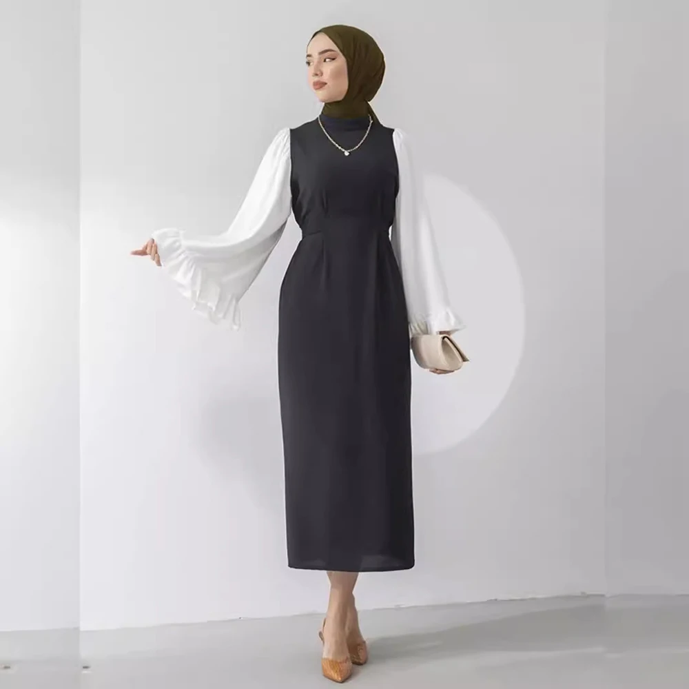 Middle East Turkish Islamic Muslim Women Dress Loose Trumpet Sleeves Solid Color Modest Dress Slim Casual Muslim Dress for women