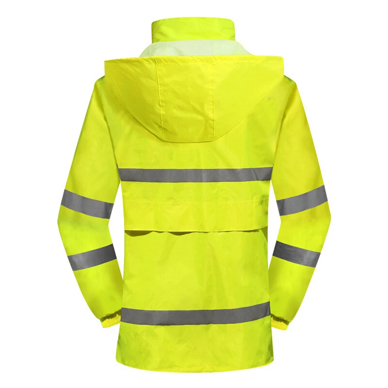 Custom Fluorescent Yellow Two Pieces Fashion Water Proof Pvc Coating Men Reflective Raincoat