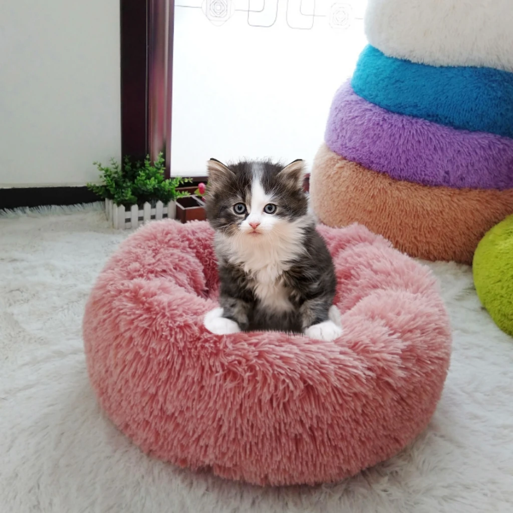 Round Plush Long Faux Fur Ultra Calming Cushion Cuddler Donut Pet Bed for Dogs and Cats Dog Beds Eco Friendly Luxury