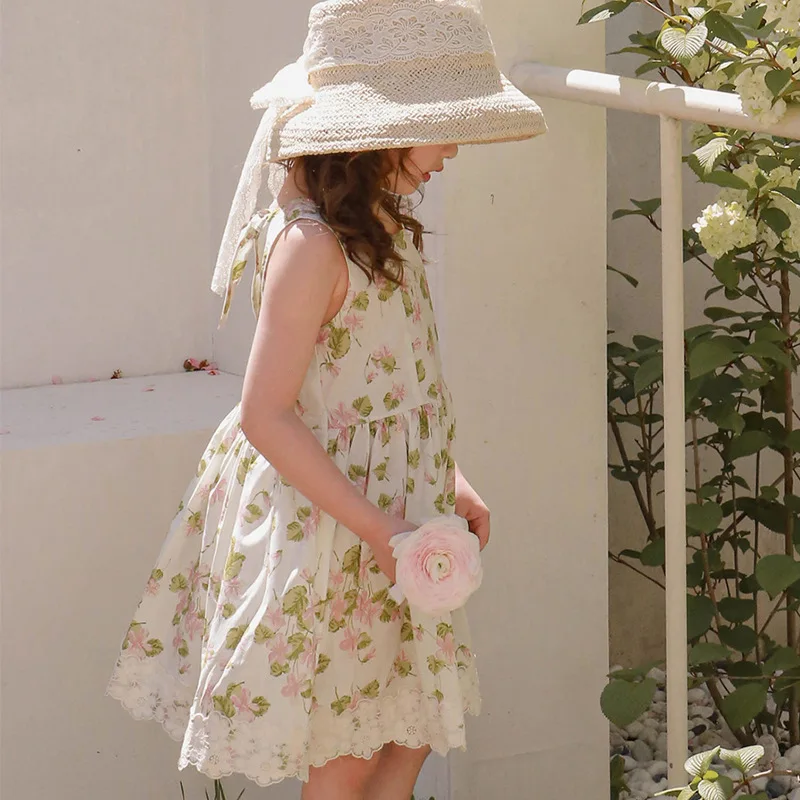 Summer South Korea Ins Dignified Hot Summer Kids Girls Floral Lace Dress Korean Style Baby Girls Sweet Vest Cotton Dress