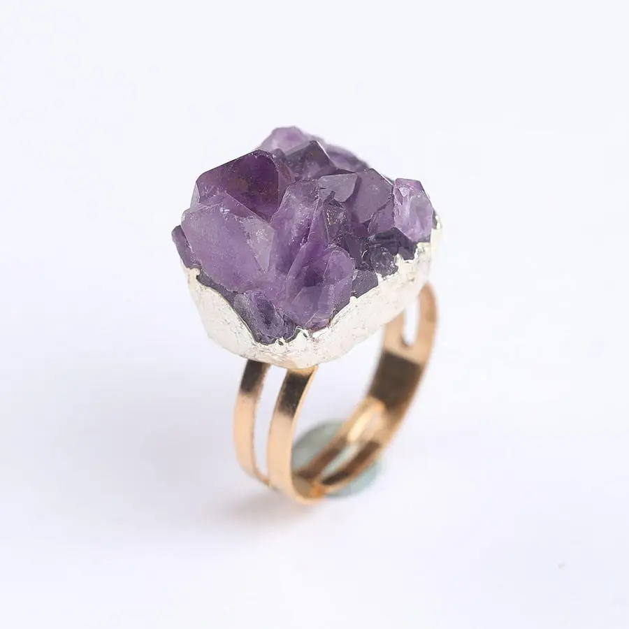 Natural Crystal Stone Ring Adjustable Natural Gemstone Amethyst Druzy Ring Crystal Rings Natural Stone