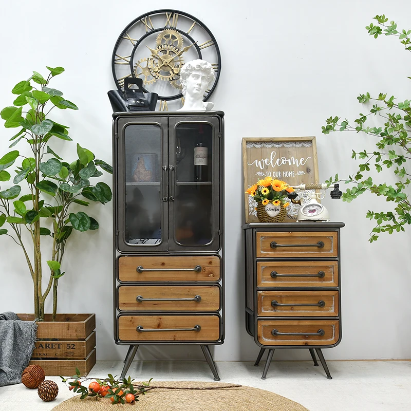 INNOVA Home Vintage Kitchen Wood Metal Storage Drawers Sideboard Accents Industrial Furniture Display Glass Door Cabinets