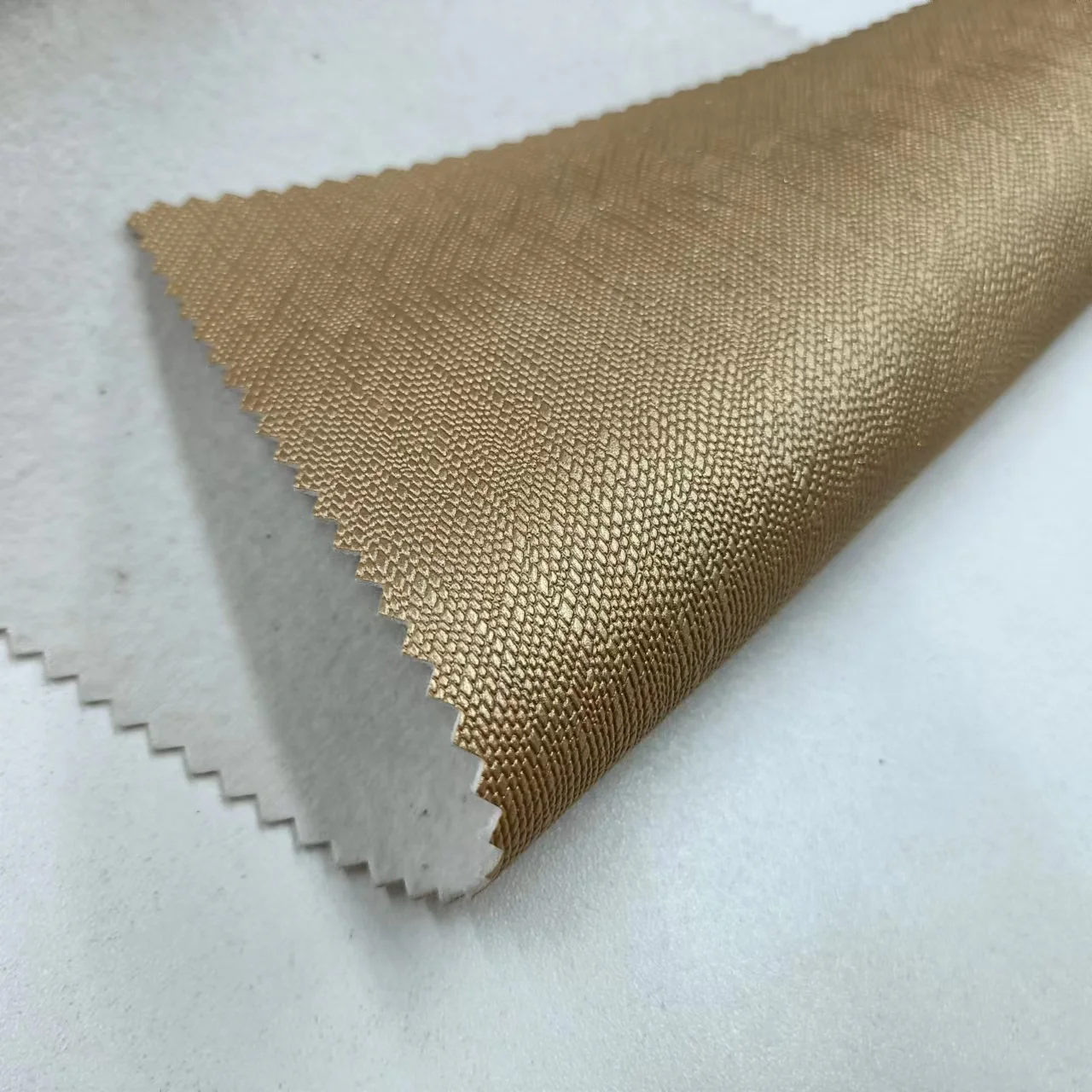 Golden 1.2mm brushed backing embossing woven faux vinyl decorative pvc leather fabric for handbags