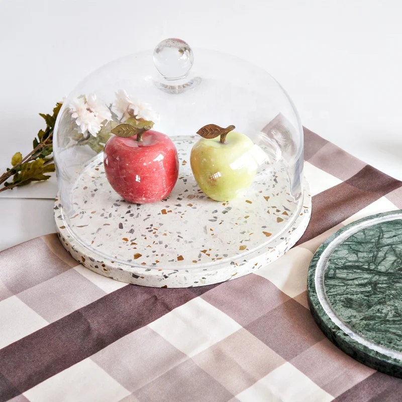
Natural marble round base cheese dessert birthday cake display stand board with glass cover lid dome 