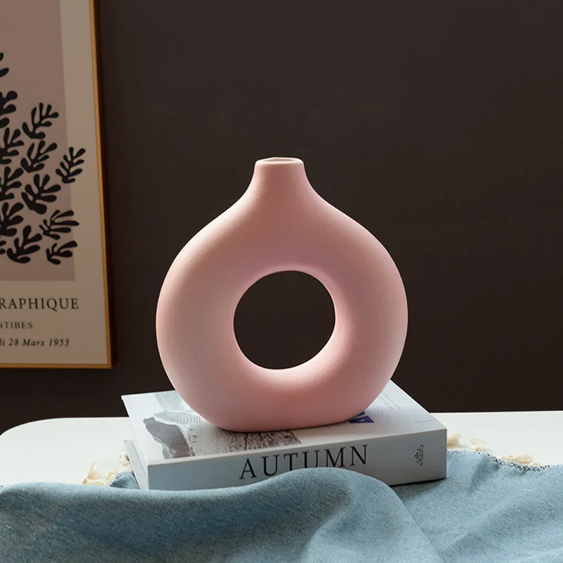 Ins Style Modern Ceramic Hollow Donut Vase Decor Chinese Style Glass Tabletop Flower Vase for Home Decoration