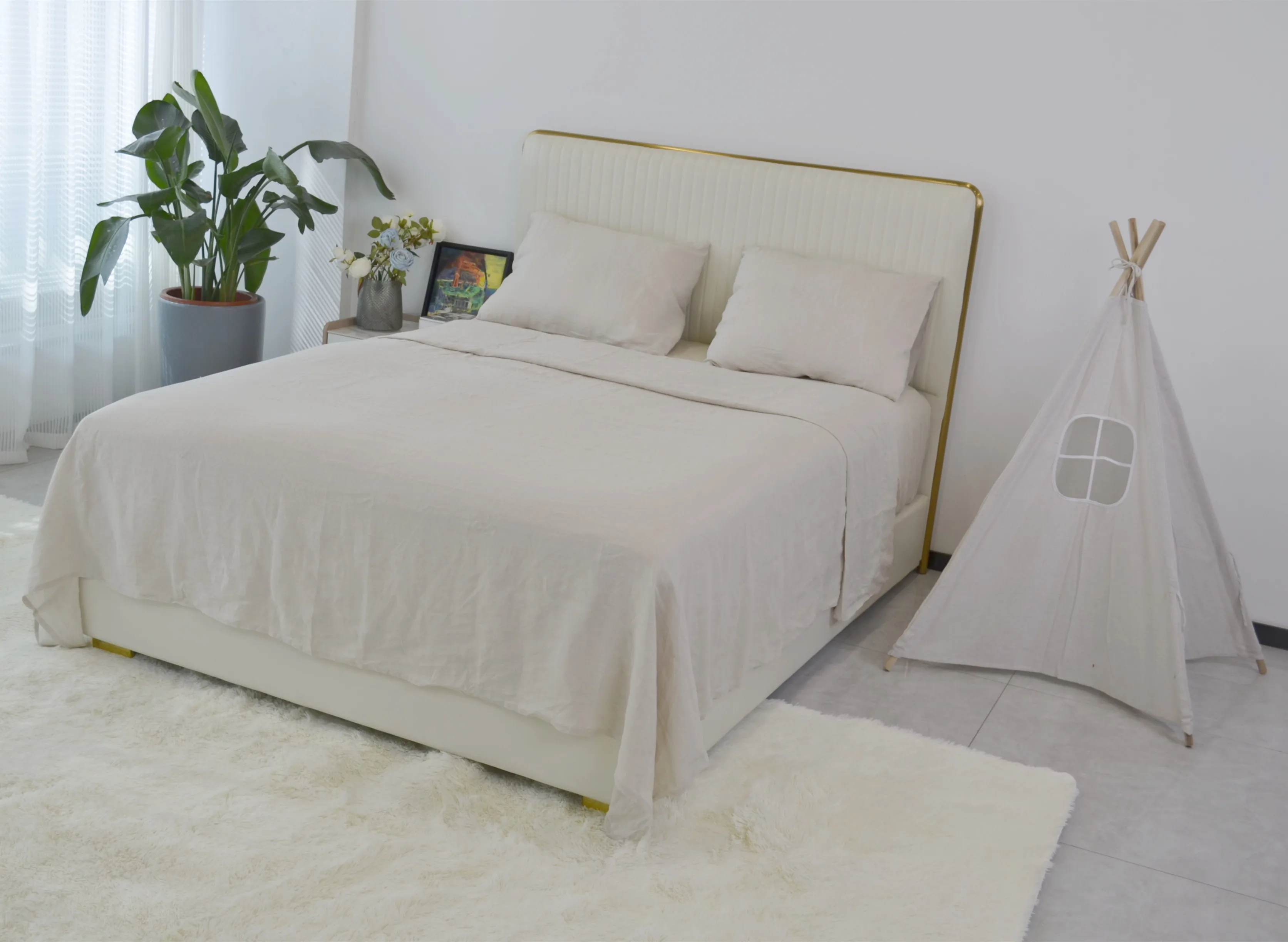 High Quality 100% Natural Pure Flax French Linen 4 Pc Bedding Set Tenceyocell Solid Color Bed Sheets Linen
