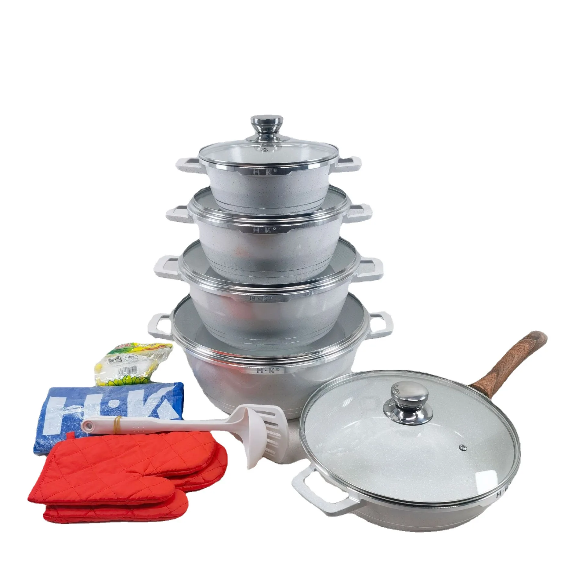 Hot Sale 16-Pcs Marble Stone Non-Stick Cookware Set Granite Induction Bottom Cooking Pots with Insulated Gloves for Kitchen Use