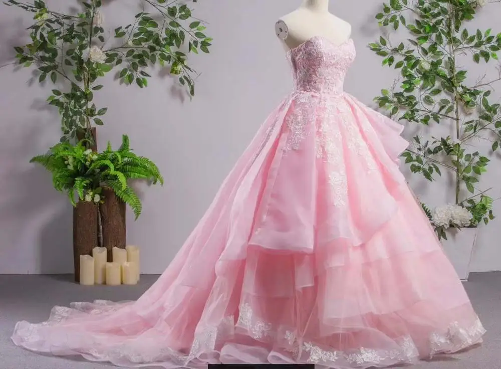 RSM66411 real elegant pink sweetheart ball gown applique pattern long cheap evening gowns