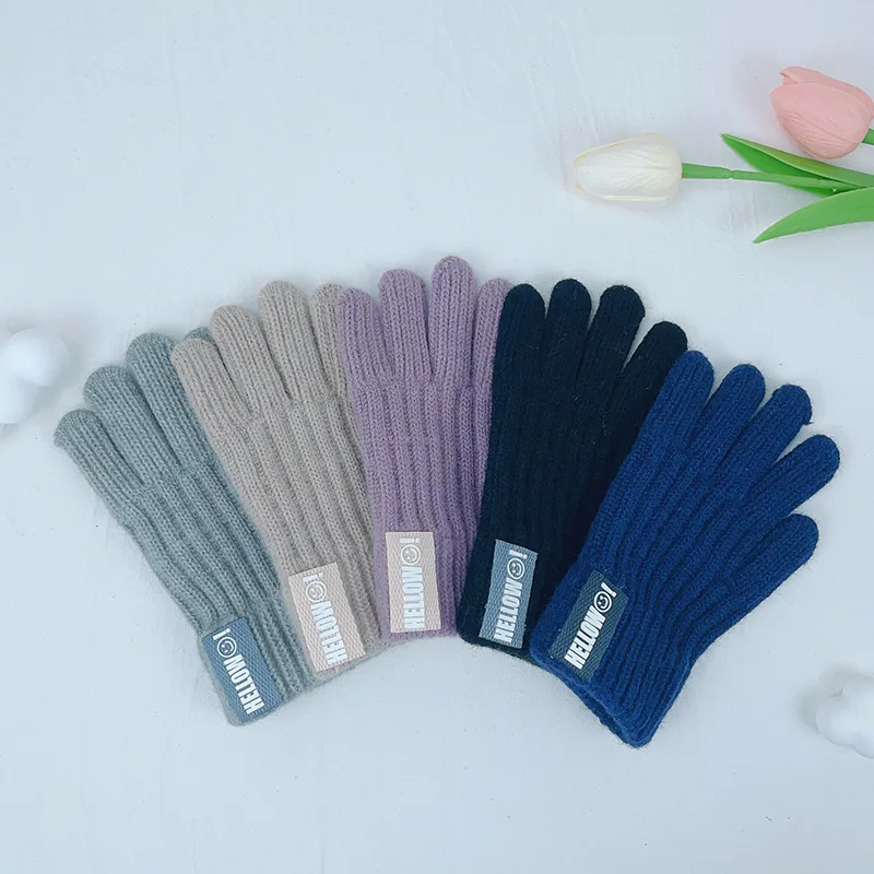Children Acrylic Knit gloves winter warm soft knitted full-finger solid color split-finger gloves for 4-8 years old boys girls