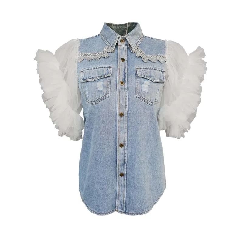 Fashion Sexy Mesh Sleeveless Denim Jeans Jacket For Ladies