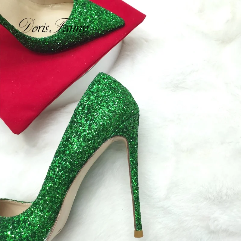 Hot selling green Glitter heels ladies shoes heel elegant Closed toe women stilettos  party Wedding shoes bridal heels size 43