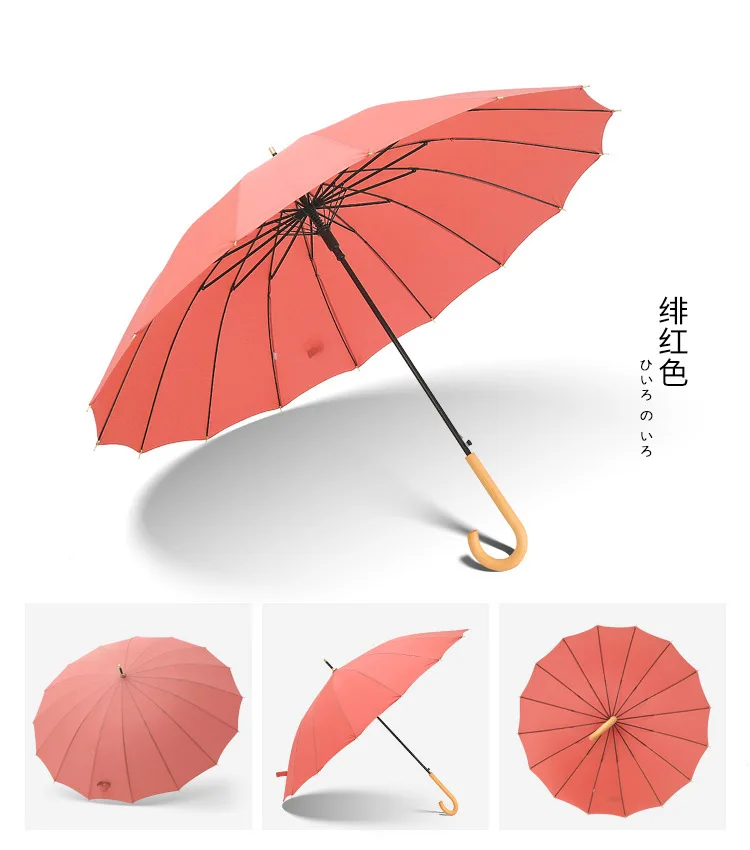 Wholesale 16 Ribs Stick umbrella Strong Windproof Straight Umbrella Wooden Handle Luxury Long Umbrella