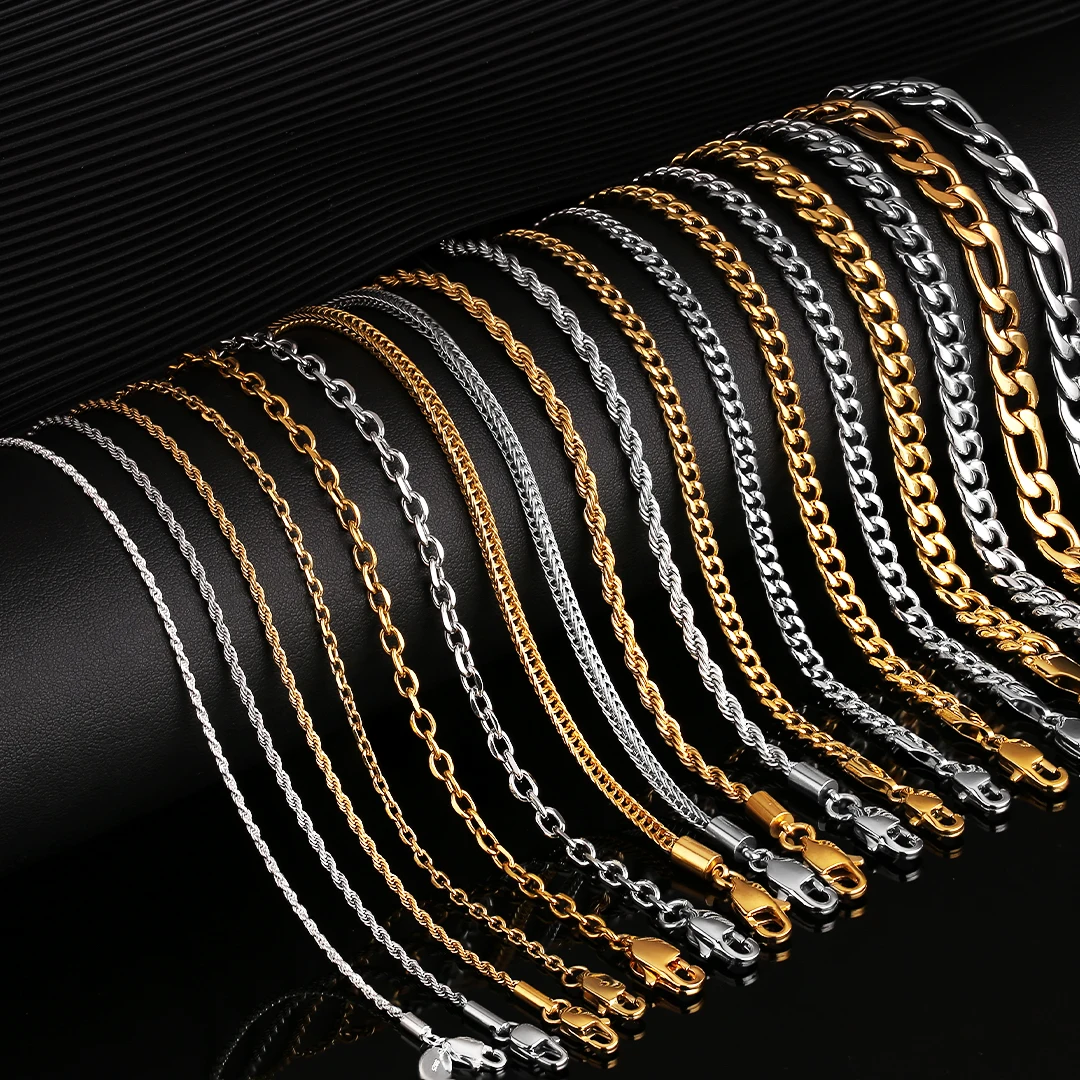 Trendy Mens Jewelry Fashion 14K 18K Solid Gold Plated Pendant Stainless Steel Cable Necklace Link Chain Figaro Rope Chain