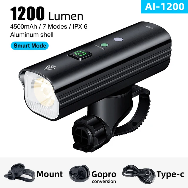 1200 Lumens Bike Light Smart Vibration Sensor Light Sensor Auto Tun On Off Modes Cycling Headlight LED Flashlight With Gopro
