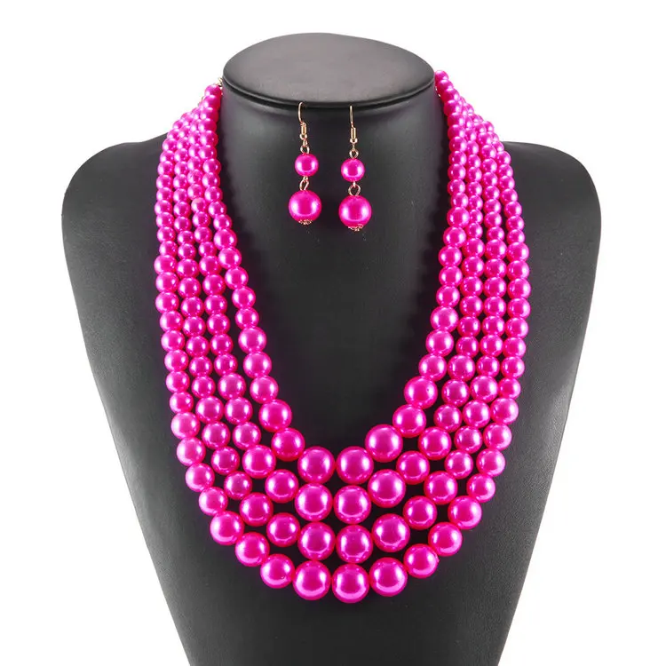 Wholesale 6 Colors 4 Layered Resin Pearl Beads African Nigeria Indian Bridal Necklace Earring Set For Wedding