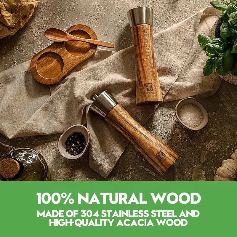 Custom Acacia Wood & stainless steel spice mills wood salt and pepper grinder mill with saucer and spoon