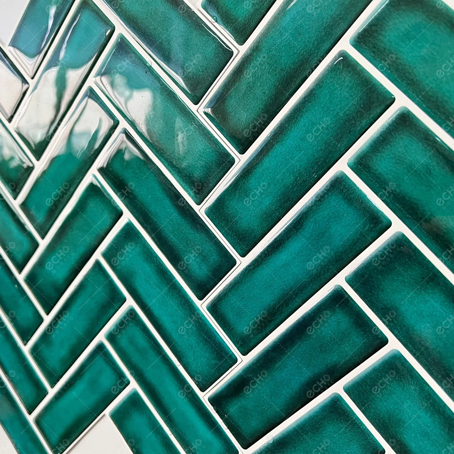 Thicker Design Teal Blue Herringbone Kitchen Backsplash Tiles PU Glue 3D Wall Sticker Mosaic