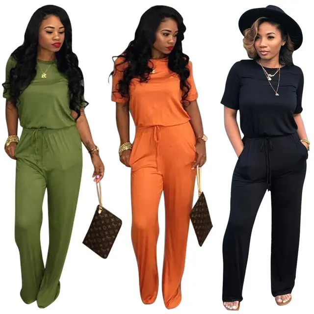 
Hot sell a whole set loose bandage solid color jumpsuit two color women rompers 