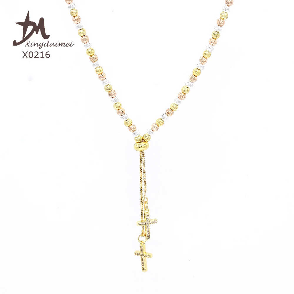 X0216  Wholesale latest design Luxury 3 color rosary Zircon cross necklace wood gold plated Rosary necklace
