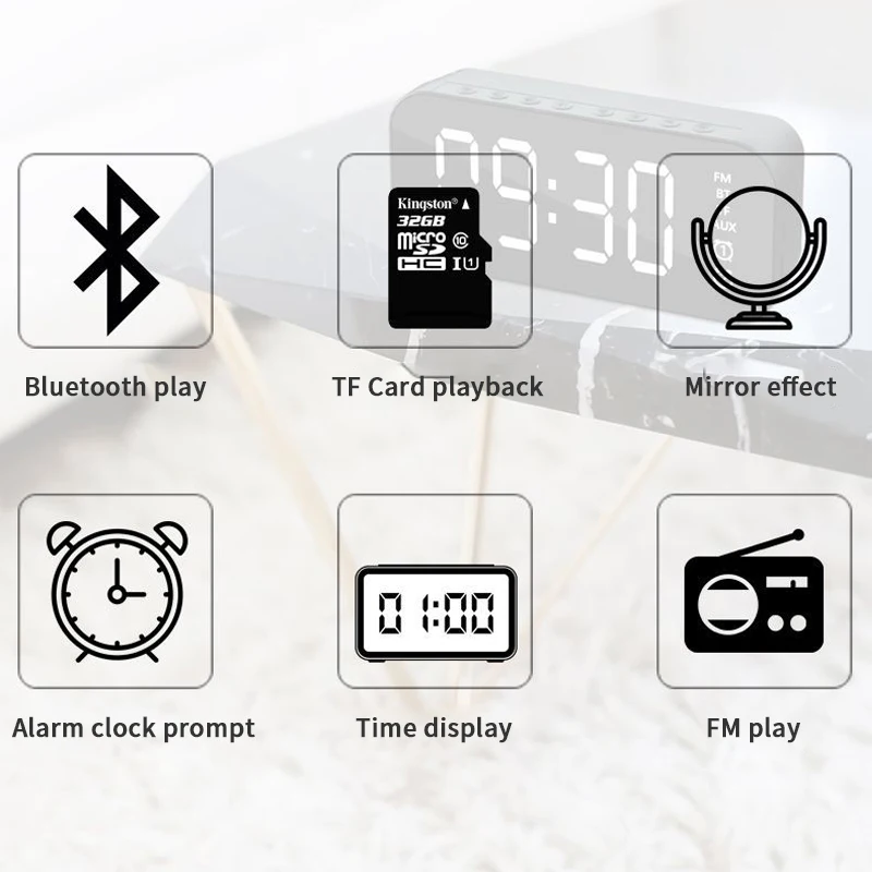 Hot Selling Mini BT Speaker Alarm Clock Mirror Radio Wth LED Digital Display Sleep Timer Portable Wireless Subwoofer