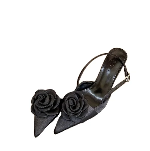 Hot Aneikeh Party Solid Wedding Slingback Flock Women Shoes Pointed Toe Slip-On Leisure Shallow Pleated Flower Shoes Fashion