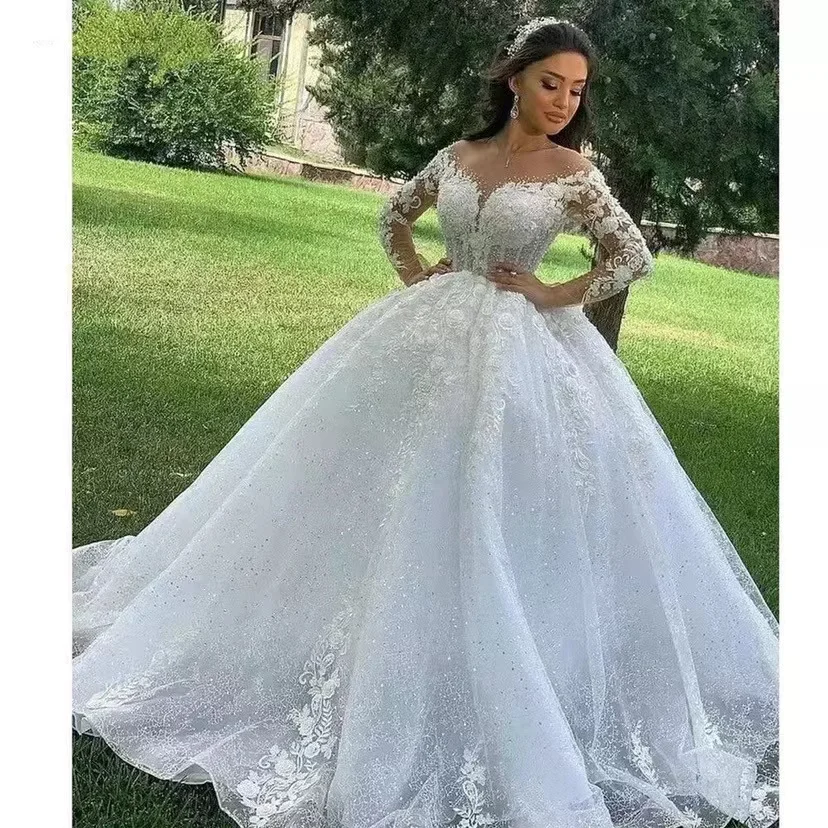 2023 Newest style lace pure white African bridal dress women wedding gown ball