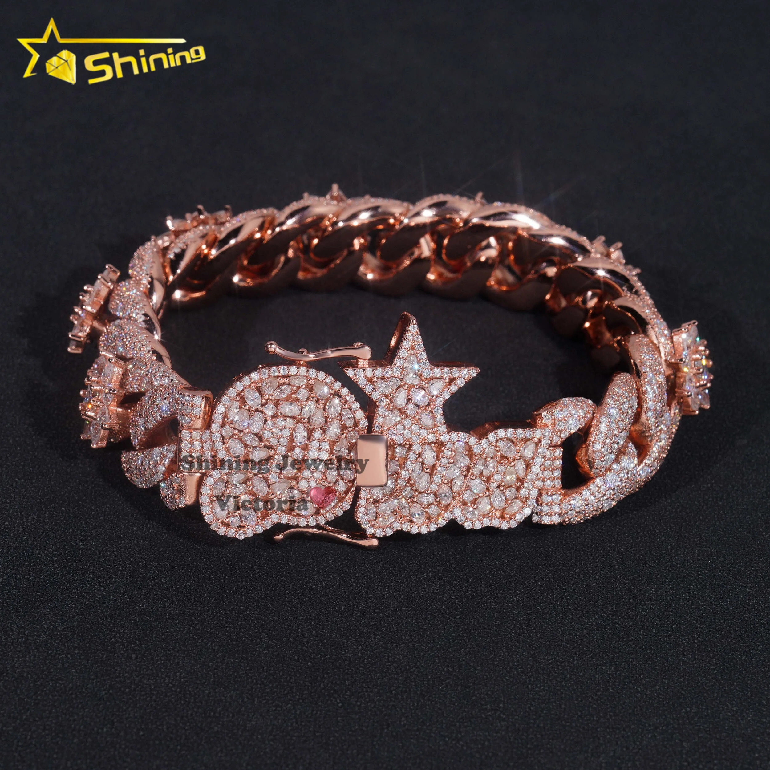 Unique Design custom lock 18mm rose gold plated flower 925 sterling silver fancy cut vvs moissanite diamond cuban link bracelet