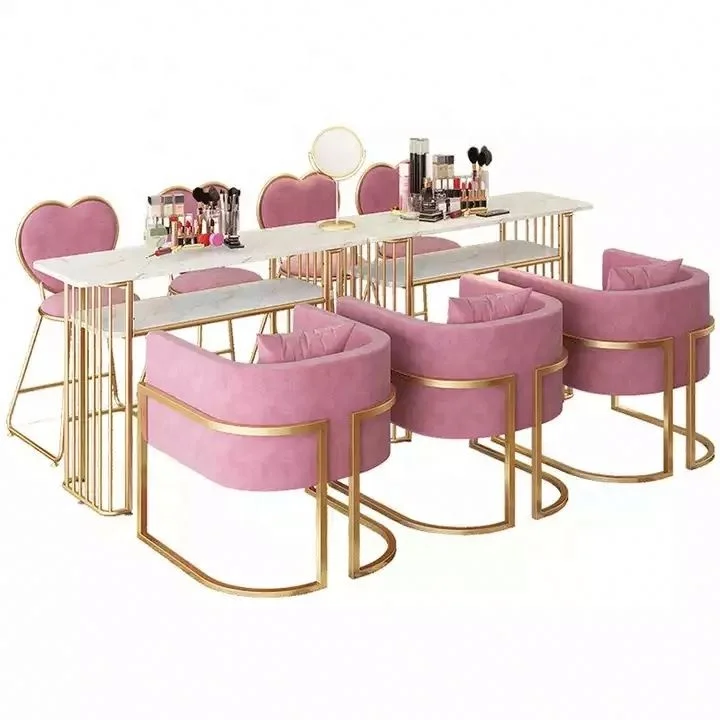 Fashion Light Luxury Modern Simple Metal Salon Furniture Marble Art Nail Table Set Single Double Seat Manicure Table
