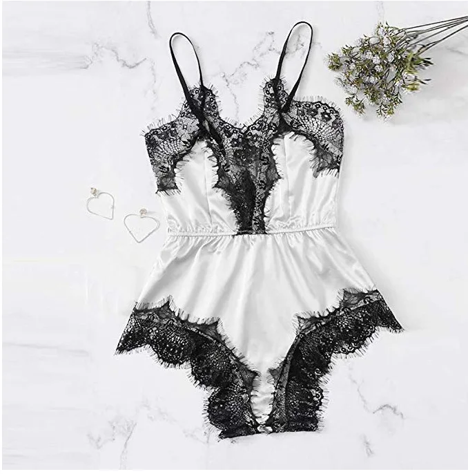 
Amazon INS Hot Selling Satin Romper Pajamas Summer Sling Lace Stitching Nightwear Home Sleepwear For Women Pajama Shorts 