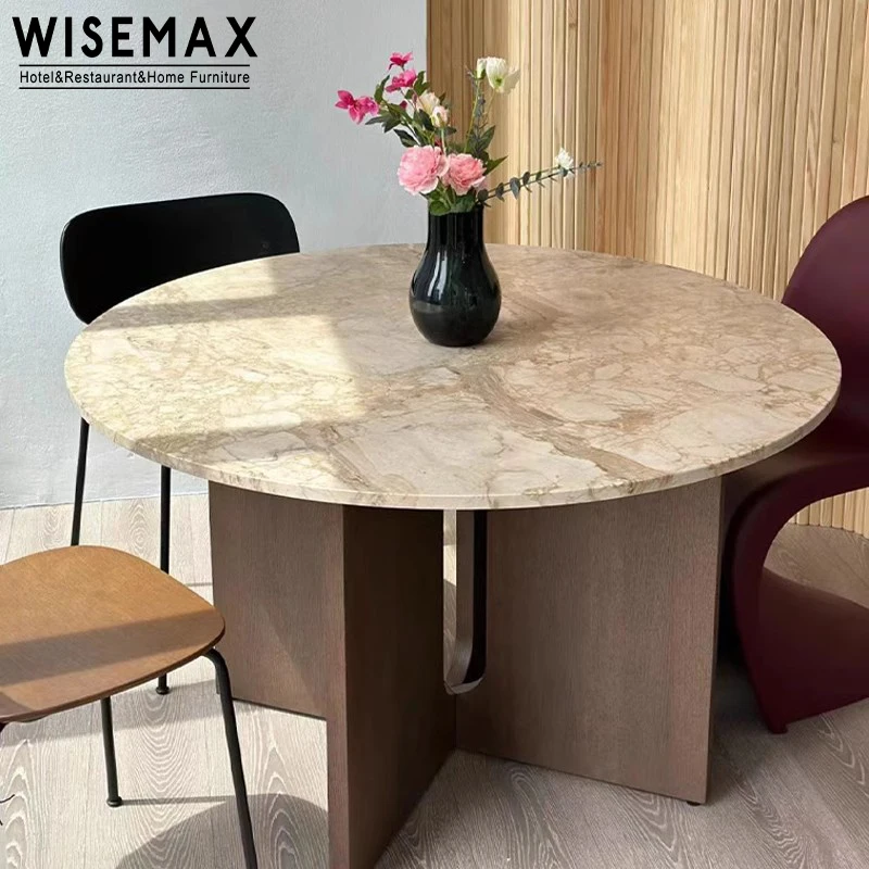 WISEMAX FURNITURE Classic style home furniture stable solid wood terrazzo round walnut dining table and chairs for dining room