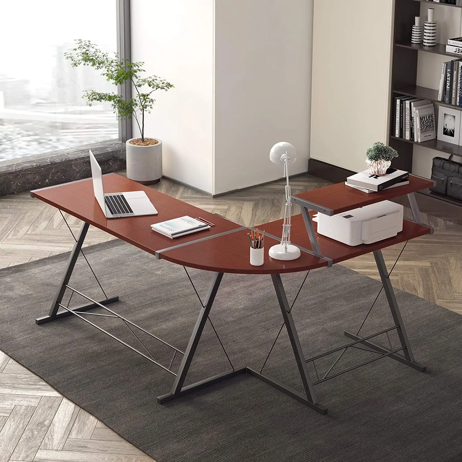 Metal Legs L Shaped Computer Desk Home Office Corner Desk Large Capacity Modern Writing Table Desk With Shelf