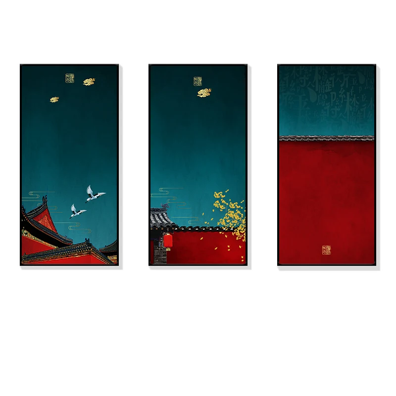 Chinese classical 3 pieces home decor painting Chinese style ancient building canvas oil painting